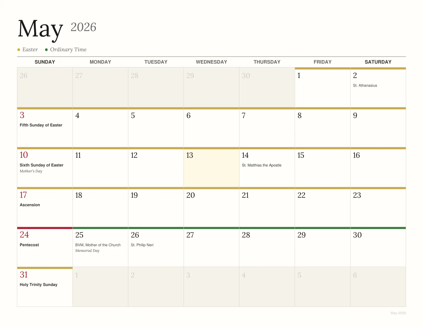 Free printable Catholic calendar PDF for 2026 — landscape wall-calendar grid showing May 2026 with feast days, Ascension, Pentecost, Mother's Day, Memorial Day, and liturgical season colors from the USCCB calendar