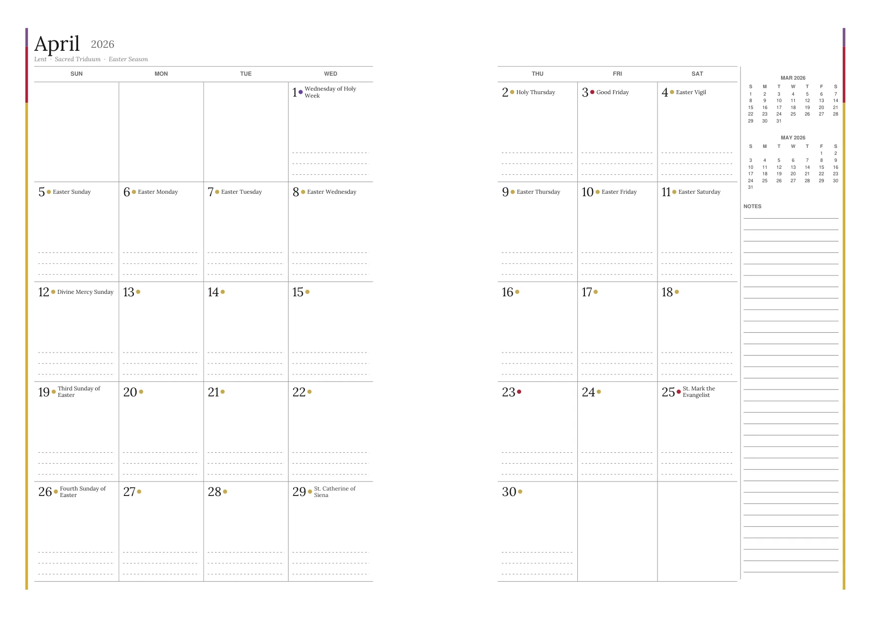 Free printable Catholic planner monthly spread showing April 2026 with Easter, Palm Sunday, Holy Week feast days, liturgical season colors, and saint days from the USCCB calendar